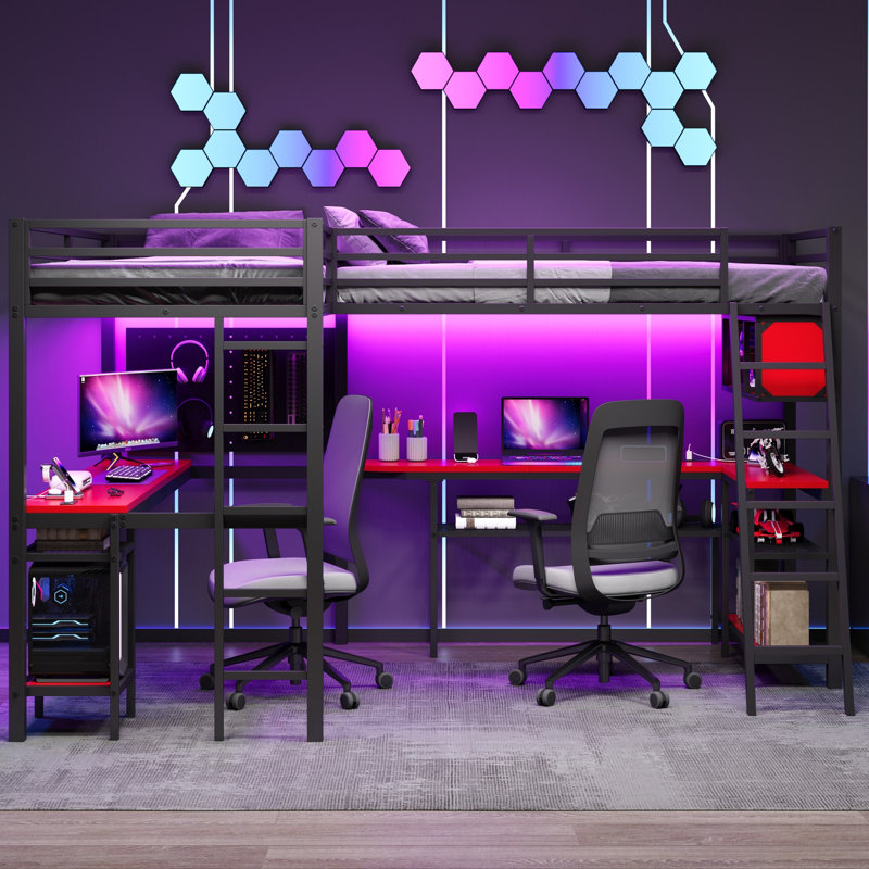 Lit mezzanine simple en métal en forme de L avec DEL, tablettes de rangement, 2 stations de charge et 2 bureaux intégrés, noir et rouge