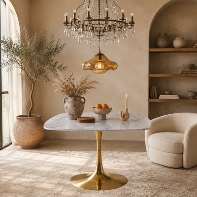 Table carrée Tulip pour 2-3 personnes, petite table de salle à manger de 42,12 po avec piédestal en métal, table de cuisine moderne pour petit espace, appartement, bistro, café, bureau et salon, plateau en panneau de fibres à densité moyenne de couleur marbre blanc