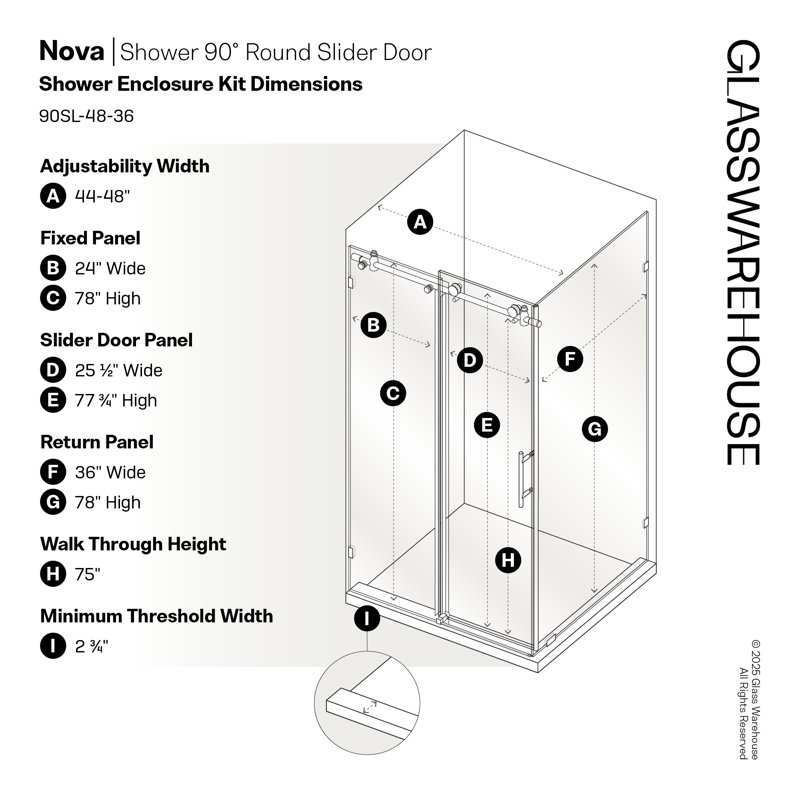 Nova 48 in. x 36 in. x 78 in. 90-degree Fully Frameless Sliding Glass Shower Enclosure, Brushed Nickel