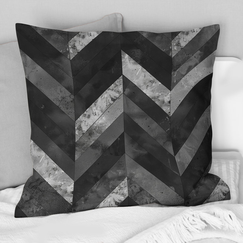 Imprimé à chevrons gris et noir I - Coussin décoratif moderne, H 18 po x l 18 po