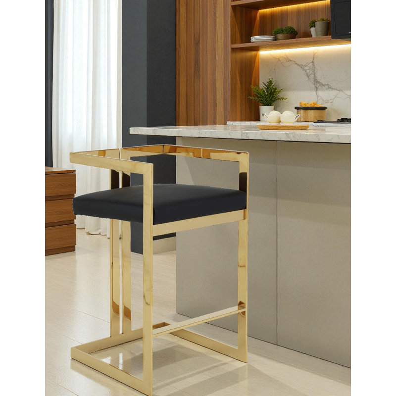 Tabouret de comptoir avec repose-pieds Kenzie, Similicuir noir, Doré, Tabouret de comptoir (siège d'une hauteur de 25,5