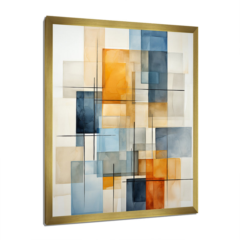 Collage géométrique beige et bleu - reproduction sur toile, H 32 po x l 16 po x P 1 po, Cadre doré à une seule photo