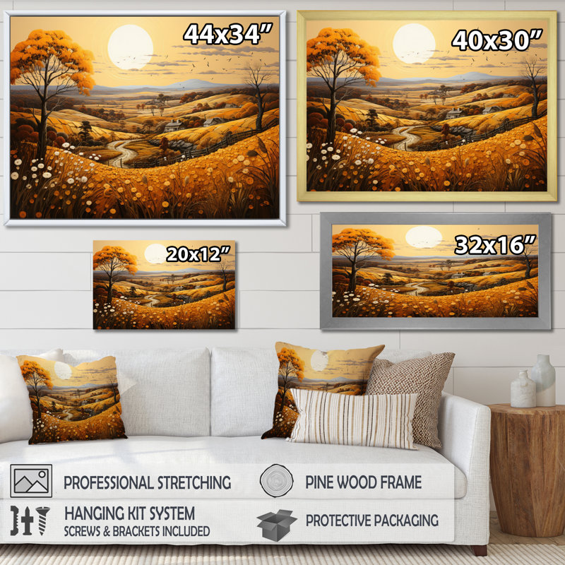 Farm Farm Harvest Pointillism VI - reproduction, Cadre simple argenté, H 12 po x l 20 po x P 1 po