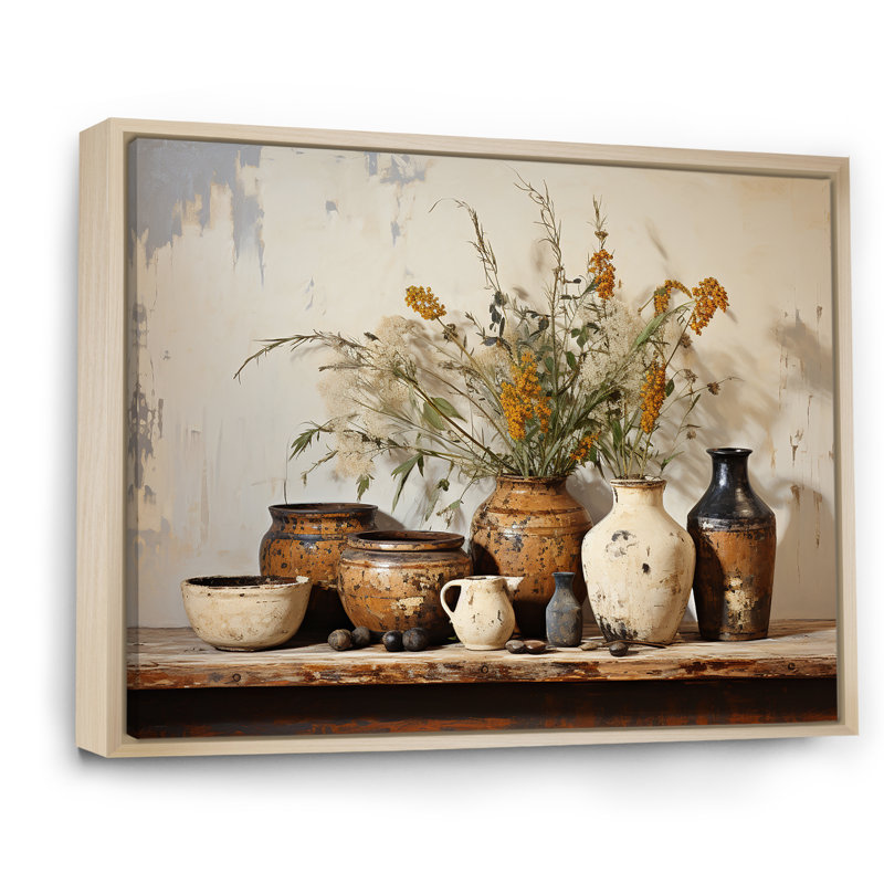 Art floral brun sur poterie rétro, H 16 po x l 32 po, Noir, Impression encadrée