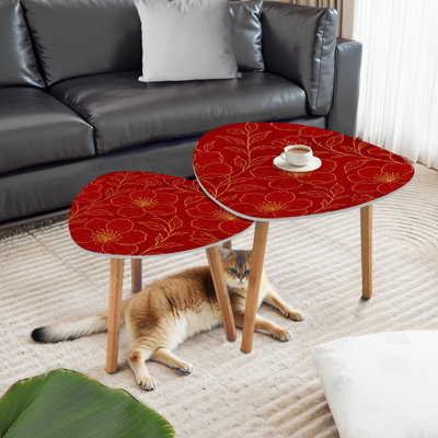 Triangle Nesting Coffee Table Set of 2 Asian Oriental Chinese Japanese style abstract design red flower End Table Modern Minimalist Side Table Set for Living Room Bedroom