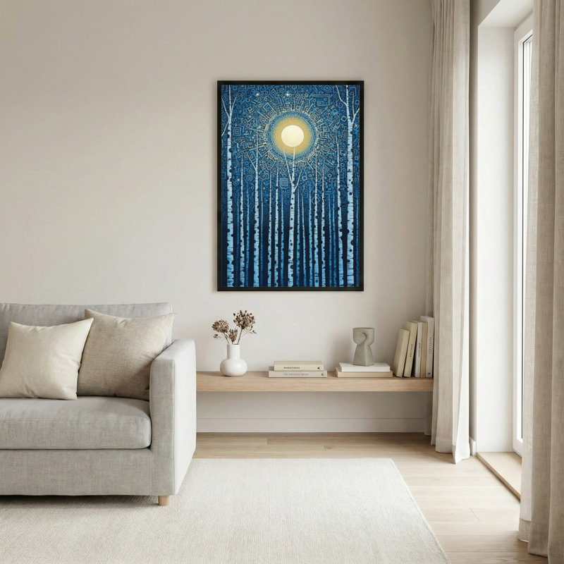 Ensemble de 1 tableau sur toile tendue à motif clair de lune dans une forêt de bouleaux bleus, H 30 po x l 20 po