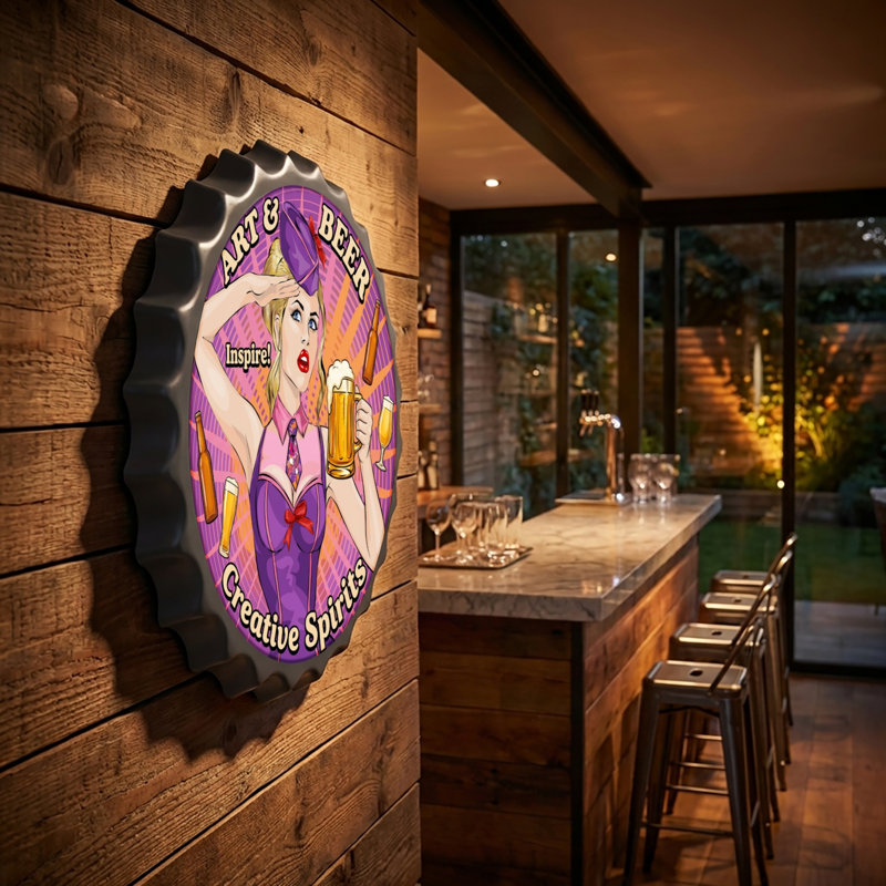 Art avec capsules de bouteilles de bière, plaques en métal sur plaque, décoration murale rétro, 13,8 x 13,8 pouces