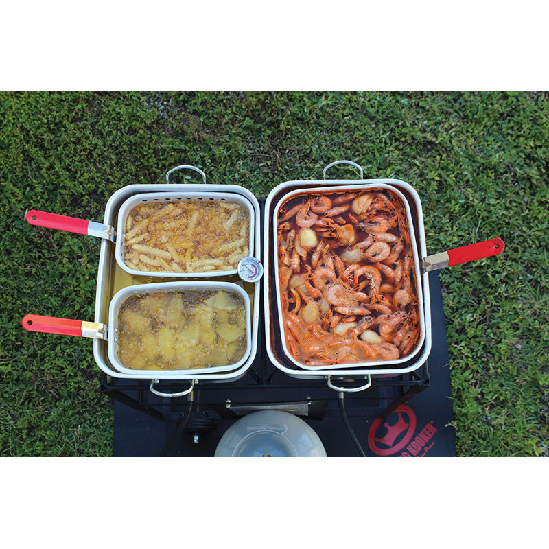 King Kooker 15 Qt. Rectangular Fry Pan with Helper Handles and Punched Aluminum Basket with Heat Resistant Handle