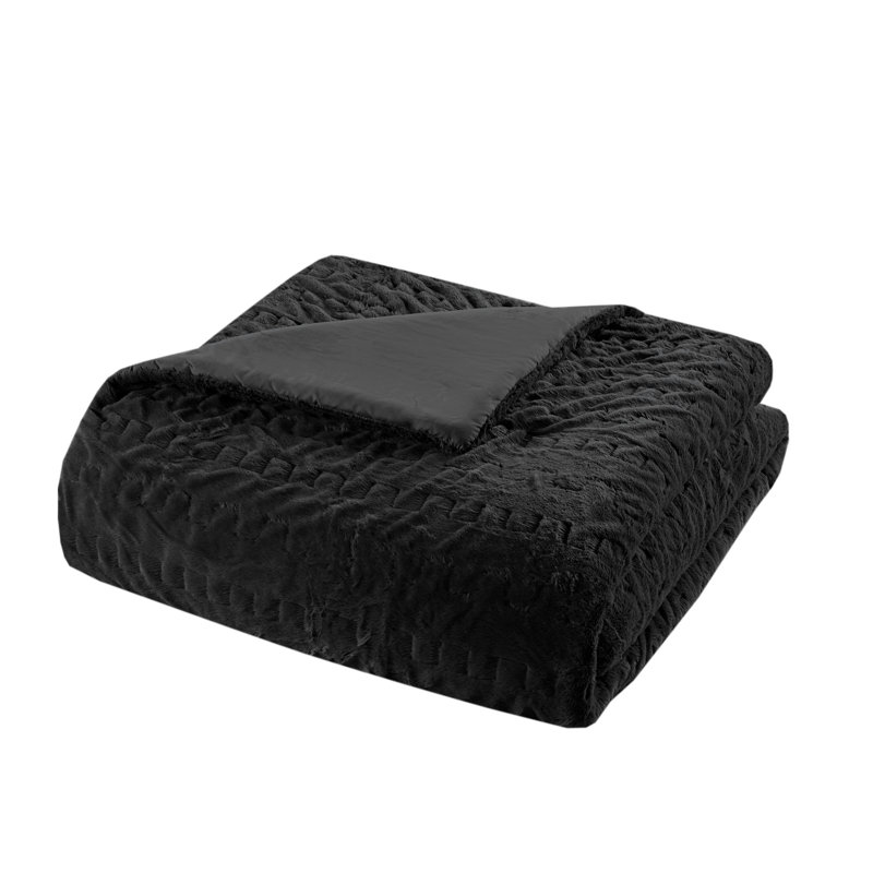 Blair Ruched Faux Fur Comforter Set, Full/Queen Comforter + 2 Standard Shams, Black