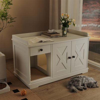 Enceinte pour chat GO, armoire de ferme élégante avec tiroir de rangement et tapis de litière pour les salons modernes