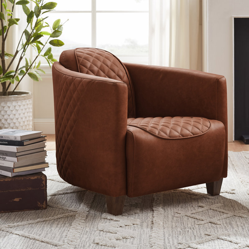 Upholstered Top Grain Leather Barrel Chair, Chocolate