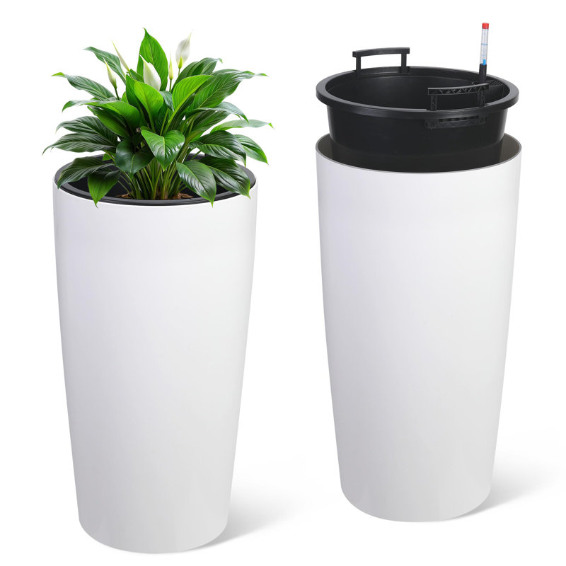 30 in 2Pcs White Tall Planters for Outdoor Plants Large Outdoor Planters for Front Porch Decor with Drainage Holes＆Water Level Monitor ＆Inner Bucket