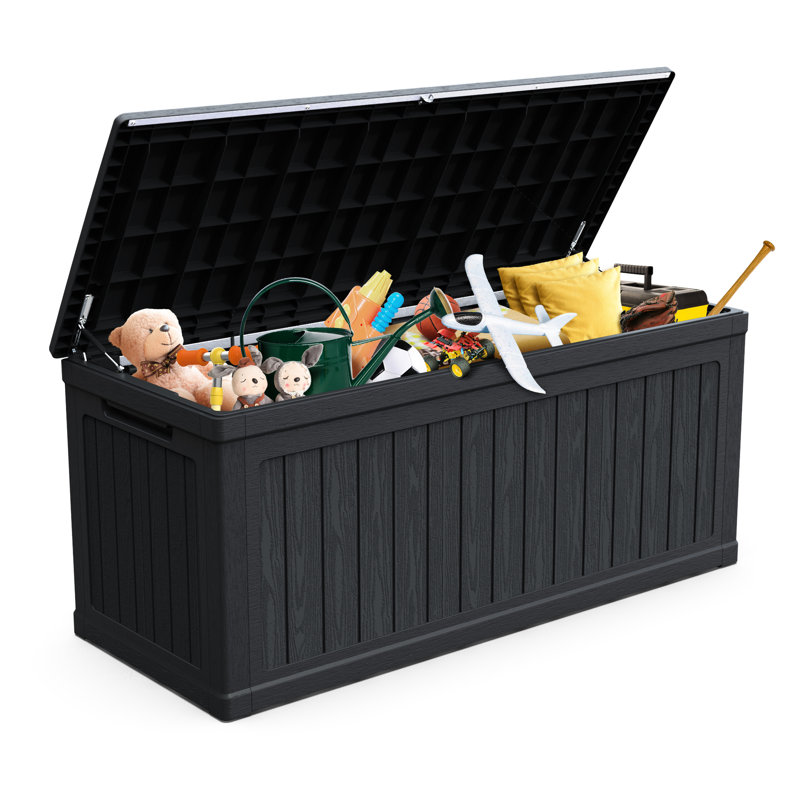 Coffre de terrasse noir à double paroi avec technologie à double paroi, toutes saisons, convient aux coussins de patio et peut servir de structure de table, de résine de protection, d'outils de jardinage idéaux et de surface supplémentaire