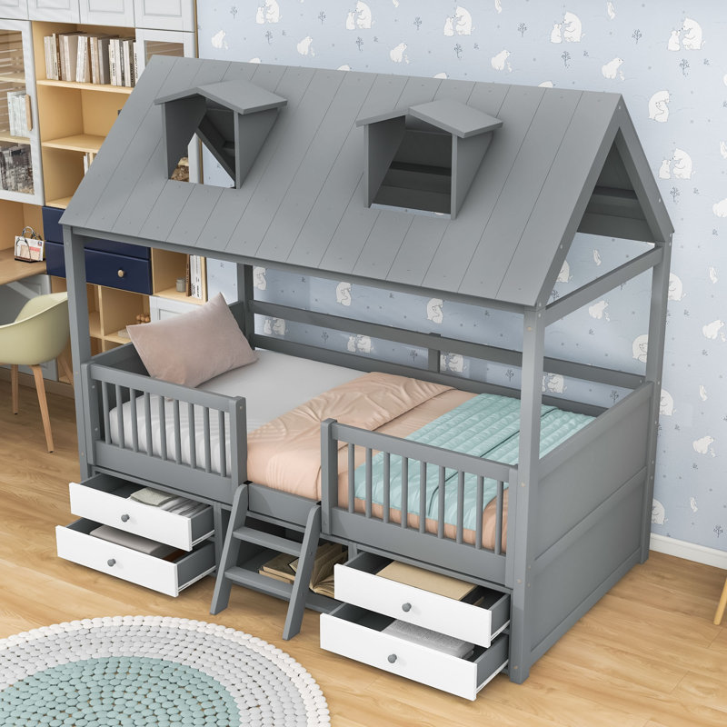 Structure de lit en bois avec de charmantes lanterneaux de toit et beaucoup de rangement, Simple, Gris