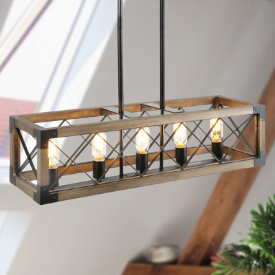 Holbert 5 - Light Rectangle Wood Metal Pendant Light Farmhouse Kitchen Island Chandelier