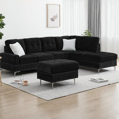 Canapé modulaire en L Chenille avec canapé 3 places avec méridienne réversible et repose-pieds de rangement, pieds en métal avec clous en cuivre, comprend 2 coussins pour le salon