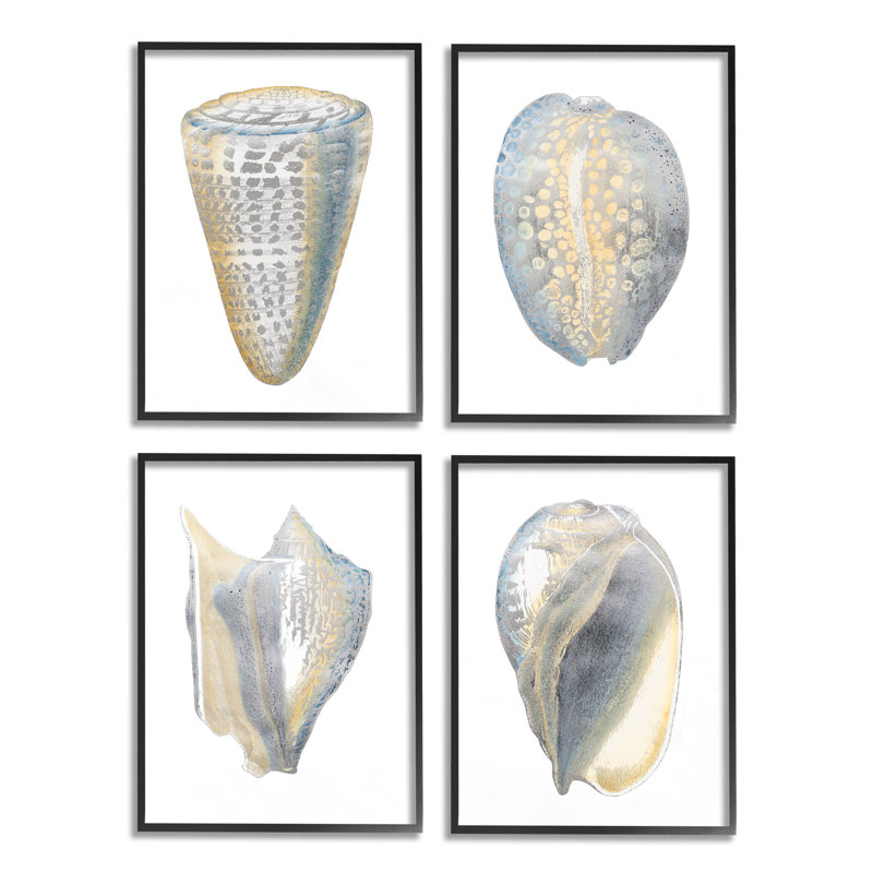 " Minimal Marine Shells Unique Blue Gold Pattern " by Vision Studio 4 - Pieces, Black Framed, 14" H x 11" W x 1.5" D