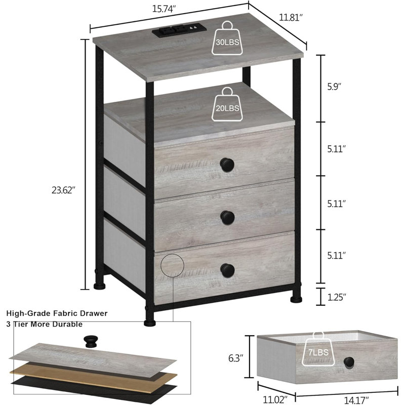 Nightstand With Charging Station, LED Light, Fabric Drawers, And Storage Shelf - Greige