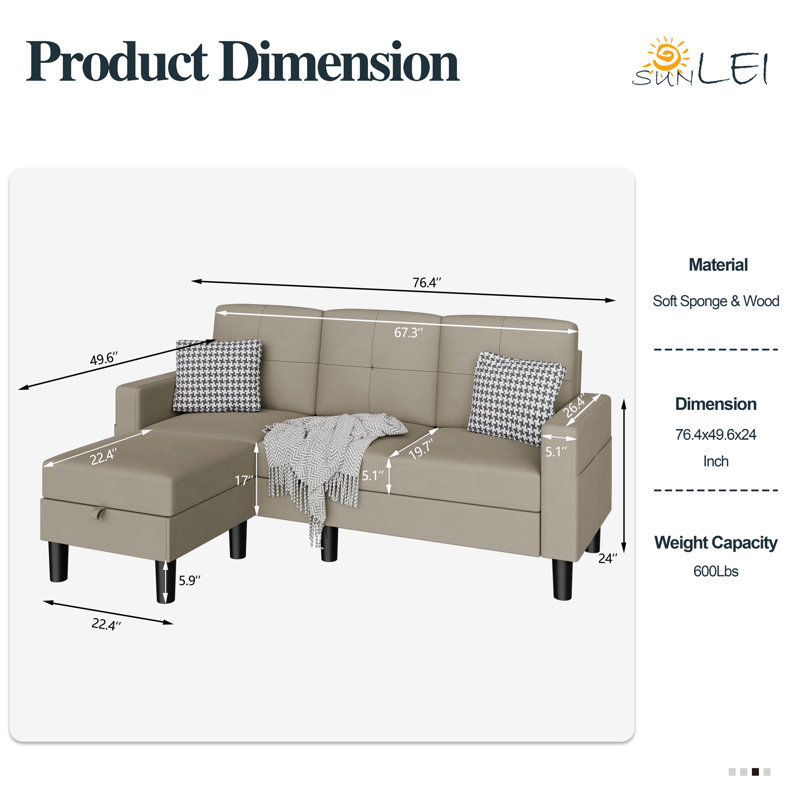 Azura 76.4“ Sofa Couch with Ottoman, Light Brown Cotton Blend