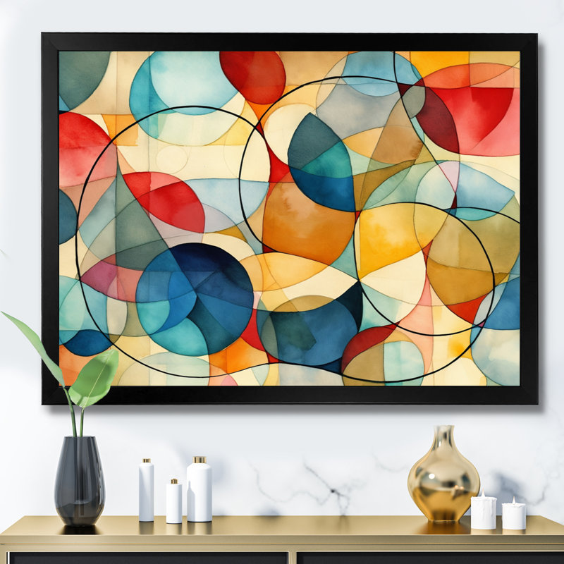 Thomasina, fusion géométrique bleue sur toile, Cadre photo noir, H 30 po x l 40 po x P 1,5 po