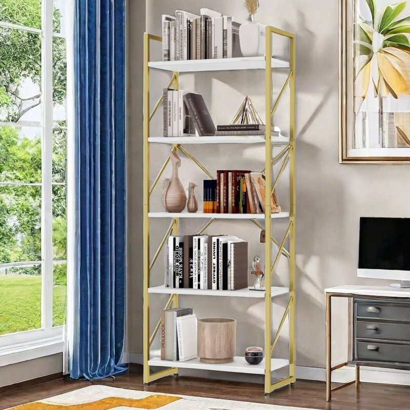 Bibliothèque moderne 5 niveaux, Doré / Blanc, H 62,2 po x l 23,58 po x P 11,81 po