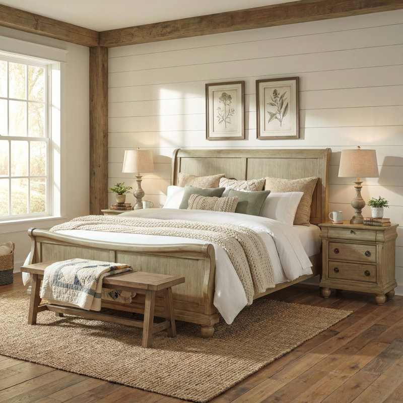 Ensemble de chambre avec très grand lit-bateau et deux tables de chevet Lenny, Beige / Cannelle, Très grand