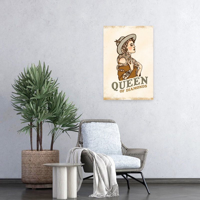 Queen of Diamonds, rustique, rétro, serpent, portrait abstrait, art mural, 24" H x 16" W