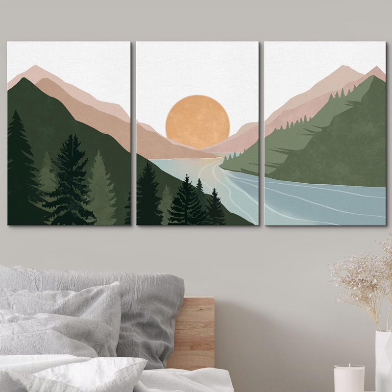«Mountain Range Pine Forest Lake», reproduction sur toile 3 pièces, H 24 po x l 48 po x P 1,5 po, Toile tendue