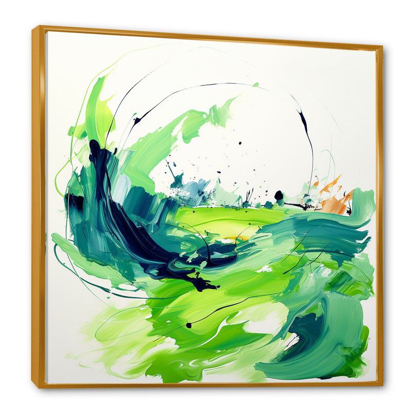 «Green and White Abstract Ink Expression VI», art mural abstrait, Cadre flottant doré, H 36 po x l 36 po x P 1,5 po