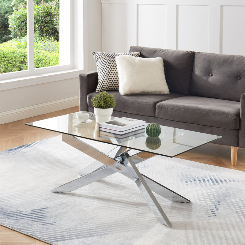 Table basse rectangulaire avec plateau en verre, Argent argent