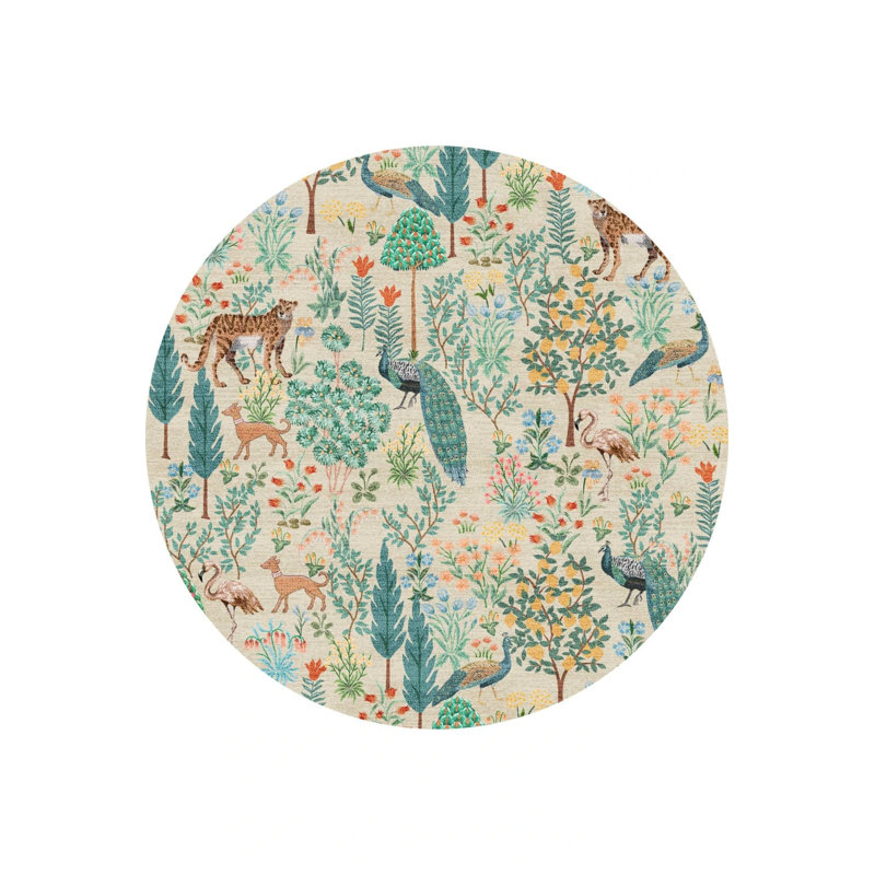 Floral Henriqueta Beige Pastel Botanical Theme Woven Floor Rug, Round 3'4"