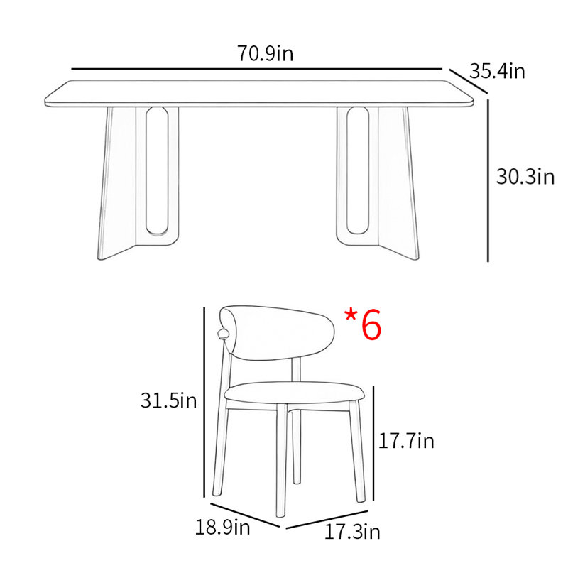 Modern rectangular fashion dining table sets, 30.3"H x 70.9"L x 35.4"W
