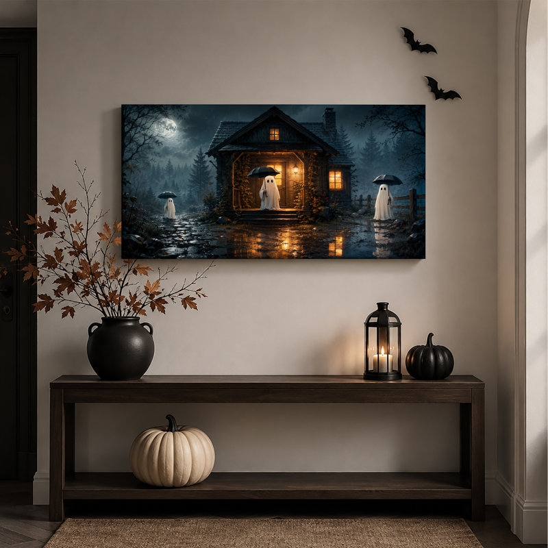 Trois fantômes avec des parapluies à l'extérieur, tableau mural en bois illuminé pour l'Halloween sur toile