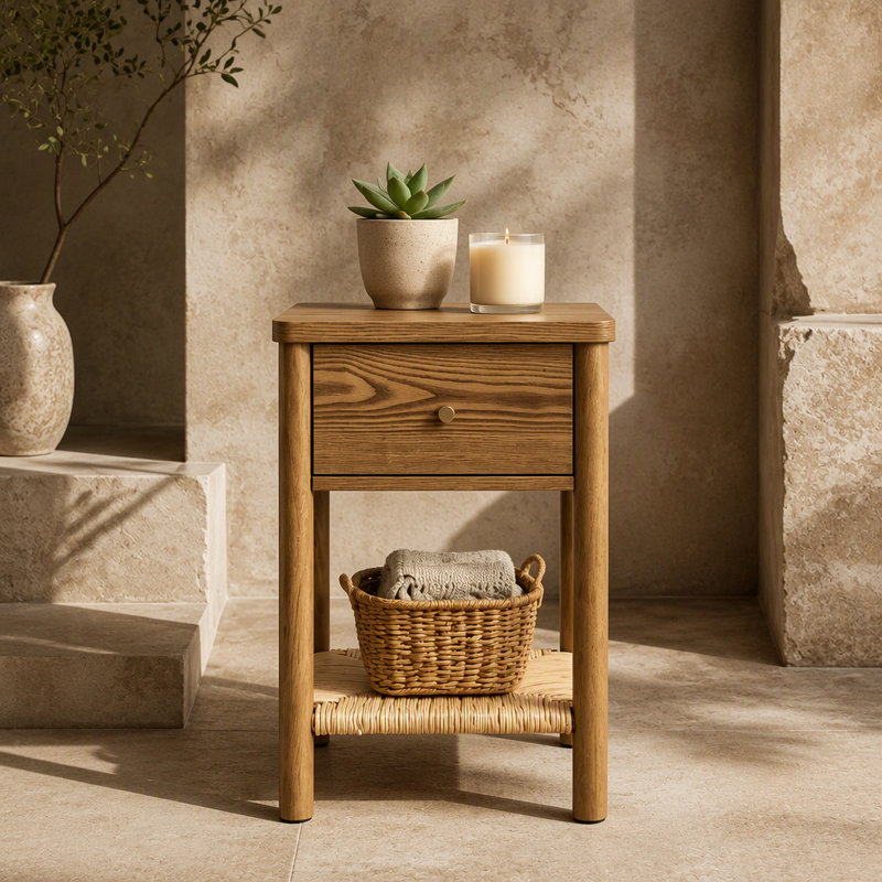 Table de chevet noyer brun avec coins arrondis, pieds en bois massif, tablette en jute et tiroir pour la chambre à coucher