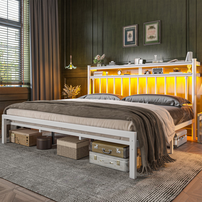 Metal Bed Frames With 2-Tier Storage Headboard And LED Light,No Box Spring Needed, Noise-Free,Easy Assembly, White, King 