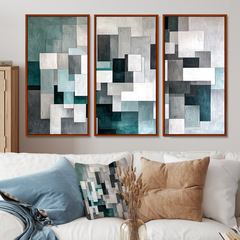 Gris et vert, cubisme, miroir, ensemble d'art mural abstrait cubisme, 32" H x 48" W, Reproduction avec cadre flottant, Brun