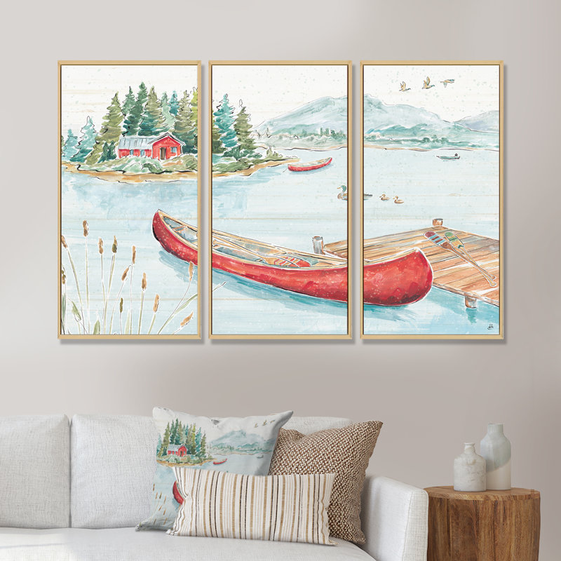 Lake House Canoes II - 3 pièces, reproduction sur toile, Cadre brun, L 36 po x H 20 po