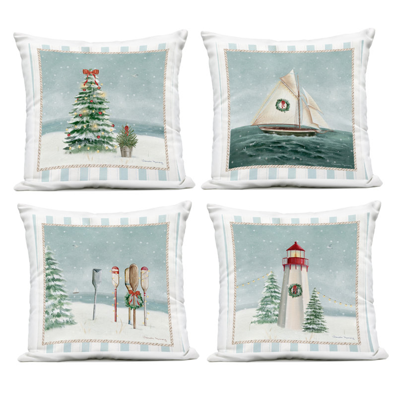 Nautical Christmas Scenes 4 Piece Outdoor Printed Pillow Set, design by Danielle Murray