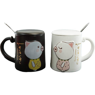 Ebros Pack of 2 Blue and White Whimsical Cartoon Anime Animal Farm Pig Love Valentines Couple Ceramic Coffee Cappuccino Latte Tea Ice Cream Mug Cup Wi