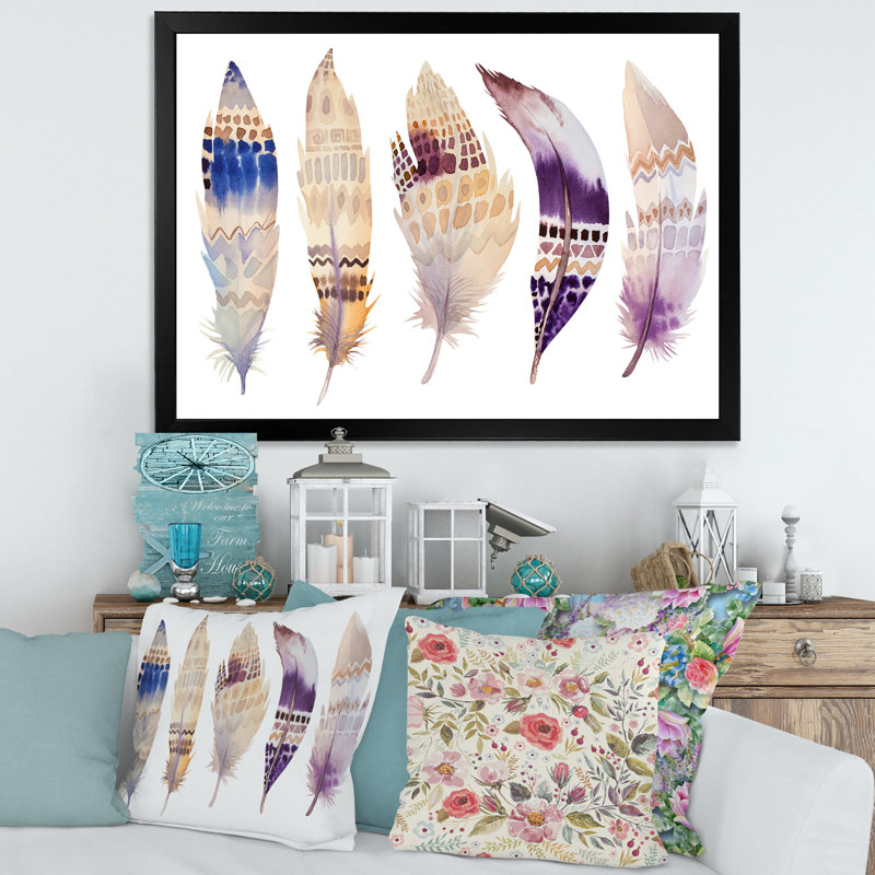 Plumes d'ethnie bohémienne mauve - peinture sur toile encadrée, Cadre noir, H 30 po x l 40 po x 1,5 po
