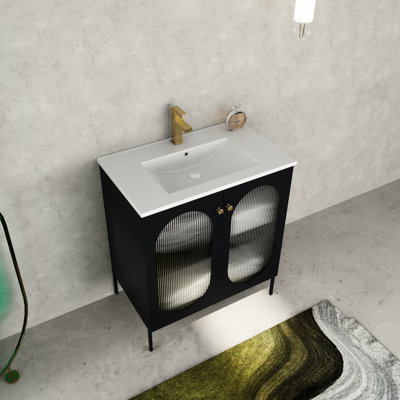 30 Inch Freestanding Bathroom Cabinet With Ceramic Sink - Steel Apparatus 30" Vanity, Sink, Cold Rolled Material, And Expansion-, Modern Double Door Cabinet, Adjustable Shelves, Metal Handles, Black