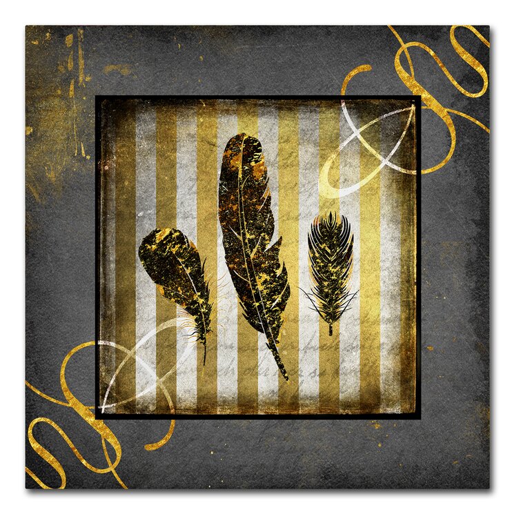 Black & Gold - Feathers' Graphic Art Print on Wrapped Canvas Wrought Studio Size: 35 H x 35 W x 2 D