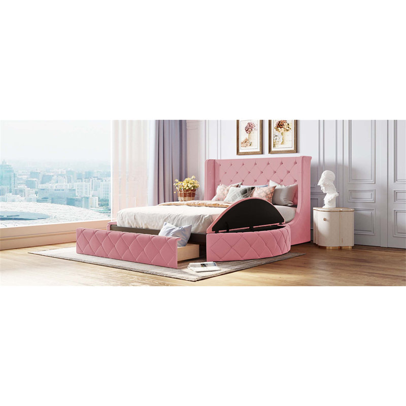 Lit plateforme tapissier avec tête de lit à oreilles, grand tiroir de rangement intégré et base à lattes renforcée pour un soutien supérieur et une efficacité d'espace.