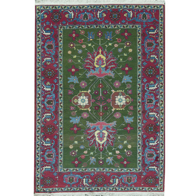 Hand-Knotted High-Quality Green and Wine Area Rug