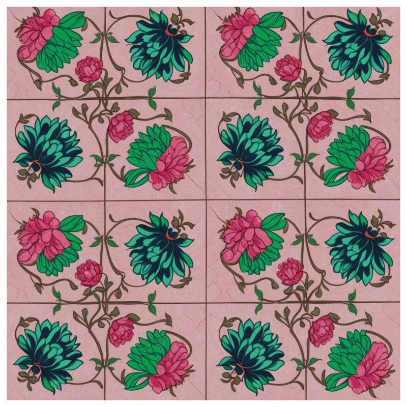 Tapisserie murale rose à motif de carreaux floraux - Décoration murale fleurs, H 68 po x l 80 po avec 4 œillets