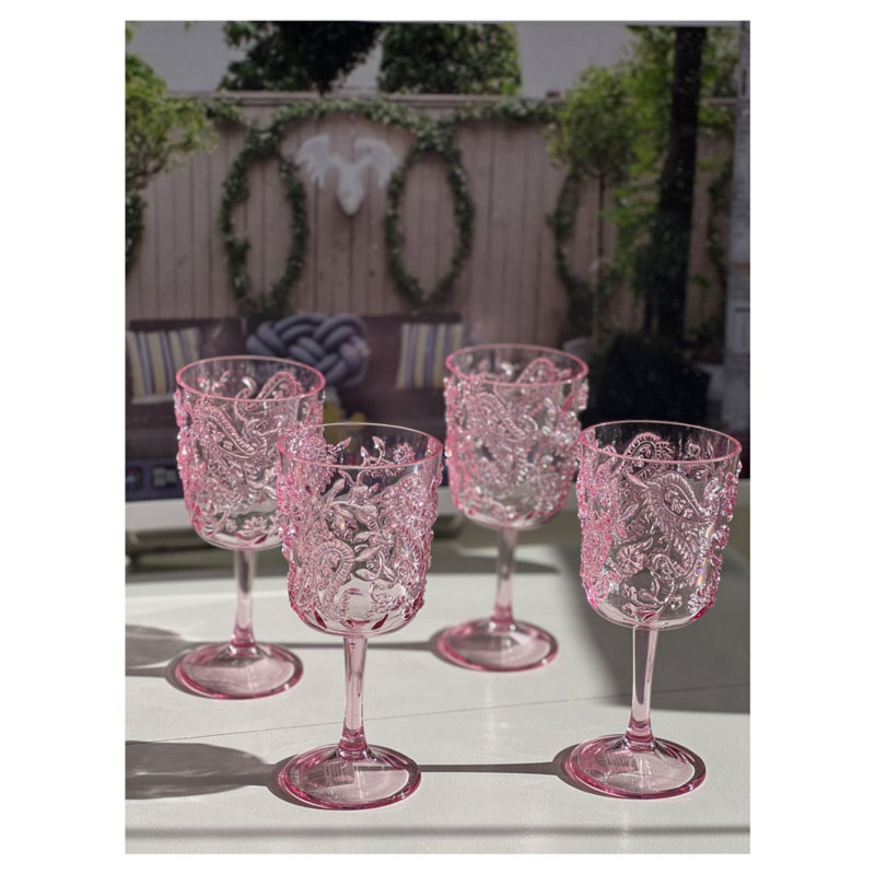 Paisley Plastic Wine Glasses Set of 4, Pink