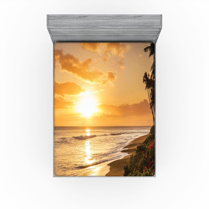 Drap-housse Ambesonne Tropical 2 pièces Sunset on Sands Beach Orange Vert Rose, California King Fitted Sheet