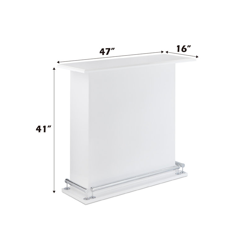 White Gloss Finish Kite Bar Table With 6 Fixed Open Storage, Wooden Frame, Metal Footrest Supports, 100 Lbs Capacity, 47 In Wide, 41 Tall High Featuring Compartments Base And Kd, Pb, Width, Height