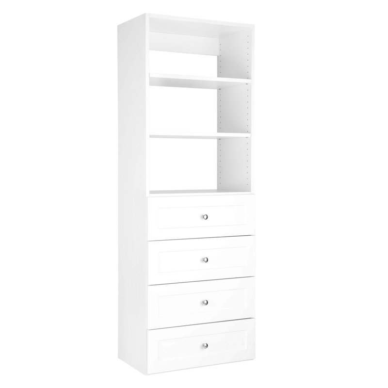 Modular White Wood Closet Tower with Shelves and 4 Drawers