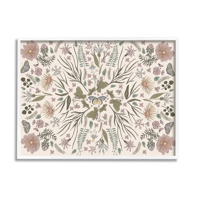 Délicat motif botanique complexe d'insectes papillons par Birgit Maria Kiennast - cadre flottant, impression sur toile